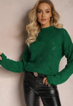 Ciemnozielony Sweter Oversize z Ozdobnym Splotem Boeda