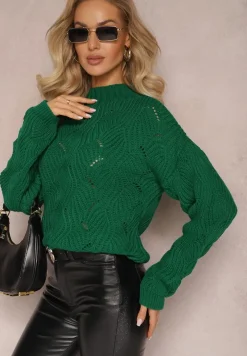 Ciemnozielony Sweter Oversize z Ozdobnym Splotem Boeda