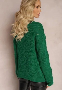 Ciemnozielony Sweter Oversize z Ozdobnym Splotem Boeda