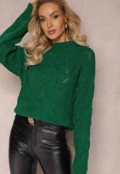 Ciemnozielony Sweter Oversize z Ozdobnym Splotem Boeda