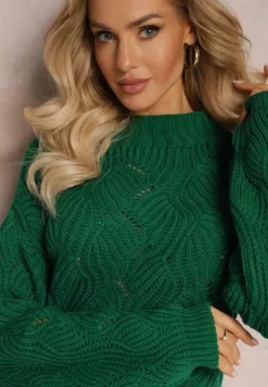 Ciemnozielony Sweter Oversize z Ozdobnym Splotem Boeda