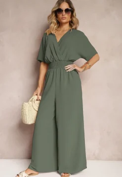 Ciemnozielony Taliowany Kombinezon z Zakładkowym Dekoltem i Gumką w Pasie Vimalynna