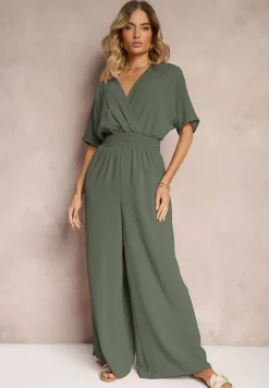 Ciemnozielony Taliowany Kombinezon z Zakładkowym Dekoltem i Gumką w Pasie Vimalynna