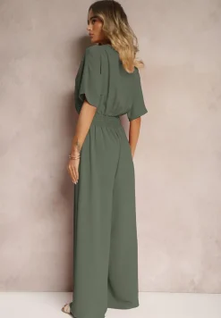 Ciemnozielony Taliowany Kombinezon z Zakładkowym Dekoltem i Gumką w Pasie Vimalynna