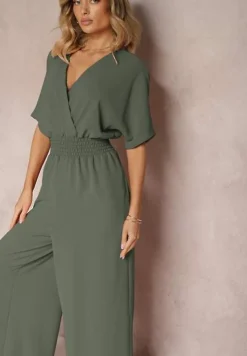 Ciemnozielony Taliowany Kombinezon z Zakładkowym Dekoltem i Gumką w Pasie Vimalynna