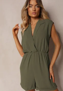 Ciemnozielony Taliowany Kombinezon z Gumką w Pasie i Kopertowym Dekoltem Nansilyne