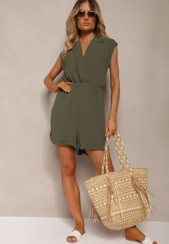 Ciemnozielony Taliowany Kombinezon z Gumką w Pasie i Kopertowym Dekoltem Nansilyne