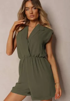 Ciemnozielony Taliowany Kombinezon z Gumką w Pasie i Kopertowym Dekoltem Nansilyne