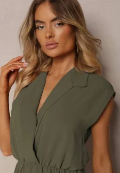 Ciemnozielony Taliowany Kombinezon z Gumką w Pasie i Kopertowym Dekoltem Nansilyne