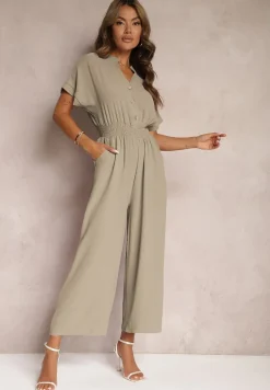 Ciemnozielony Taliowany Kombinezon z Wiskozy Zapinany na Guziki Frisea