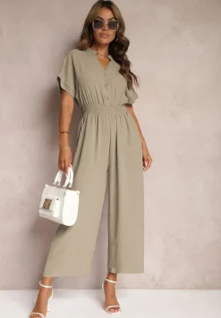 Ciemnozielony Taliowany Kombinezon z Wiskozy Zapinany na Guziki Frisea