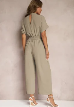 Ciemnozielony Taliowany Kombinezon z Wiskozy Zapinany na Guziki Frisea