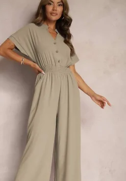 Ciemnozielony Taliowany Kombinezon z Wiskozy Zapinany na Guziki Frisea