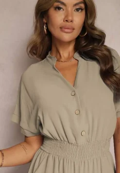 Ciemnozielony Taliowany Kombinezon z Wiskozy Zapinany na Guziki Frisea