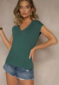 Ciemnozielony T-shirt z Bawełny Ozdobiony Koronką Ralienne