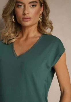 Ciemnozielony T-shirt z Bawełny Ozdobiony Koronką Ralienne