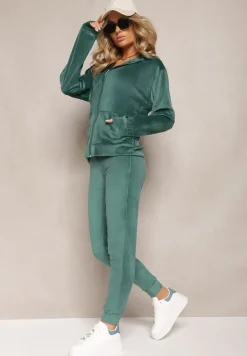 Ciemnozielony Welurowy Komplet Dresowy Bluza z Kapturem i Proste Spodnie Arislo