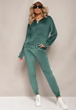 Ciemnozielony Welurowy Komplet Dresowy Bluza z Kapturem i Proste Spodnie Arislo