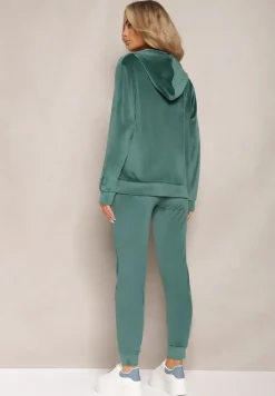 Ciemnozielony Welurowy Komplet Dresowy Bluza z Kapturem i Proste Spodnie Arislo