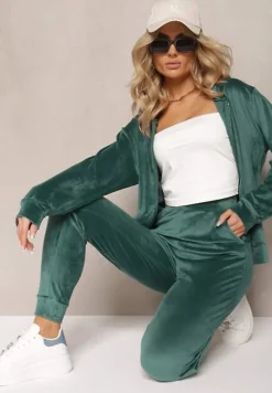 Ciemnozielony Welurowy Komplet Dresowy Bluza z Kapturem i Proste Spodnie Arislo
