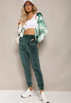 Ciemnozielony Welurowy Komplet Dresowy z Wzorzystą Bluzą z Kapturem i Joggerami Rouviana