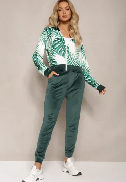 Ciemnozielony Welurowy Komplet Dresowy z Wzorzystą Bluzą z Kapturem i Joggerami Rouviana