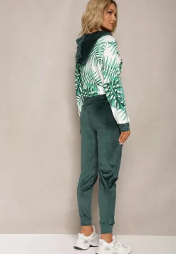 Ciemnozielony Welurowy Komplet Dresowy z Wzorzystą Bluzą z Kapturem i Joggerami Rouviana