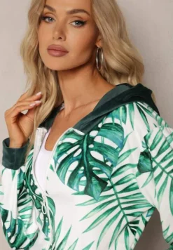 Ciemnozielony Welurowy Komplet Dresowy z Wzorzystą Bluzą z Kapturem i Joggerami Rouviana