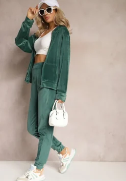 Ciemnozielony Welurowy Komplet Dresowy 2-Częściowy z Bluzą z Kapturem i Spodniami Fiksena