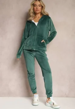 Ciemnozielony Welurowy Komplet Dresowy 2-Częściowy z Bluzą z Kapturem i Spodniami Fiksena