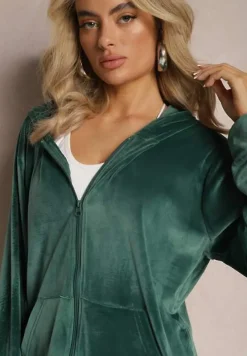 Ciemnozielony Welurowy Komplet Dresowy 2-Częściowy z Bluzą z Kapturem i Spodniami Fiksena