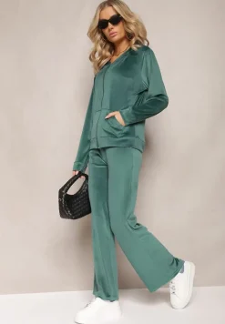 Ciemnozielony Welurowy Komplet Dresowy z Bluzą i Szerokimi Spodniami Anelivs