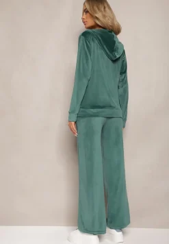 Ciemnozielony Welurowy Komplet Dresowy z Bluzą i Szerokimi Spodniami Anelivs