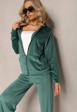 Ciemnozielony Welurowy Komplet Dresowy z Bluzą i Szerokimi Spodniami Anelivs