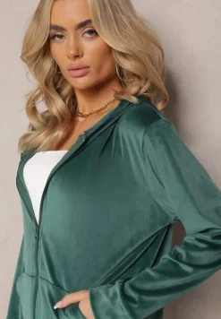 Ciemnozielony Welurowy Komplet Dresowy z Bluzą i Szerokimi Spodniami Anelivs