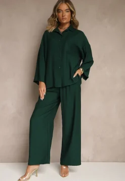 Ciemnozielony Wiskozowy Komplet Oversize Koszula i Spodnie Wide Leg Zierana