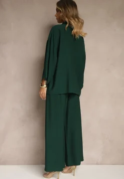 Ciemnozielony Wiskozowy Komplet Oversize Koszula i Spodnie Wide Leg Zierana