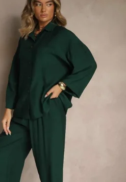 Ciemnozielony Wiskozowy Komplet Oversize Koszula i Spodnie Wide Leg Zierana