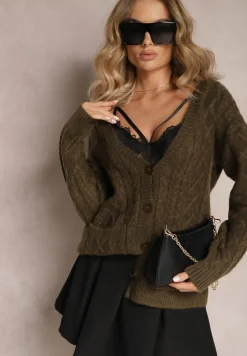 Ciemnozielony Zapinany Kardigan z Trójkątnym Dekoltem i Warkoczykowy Splot Juessa