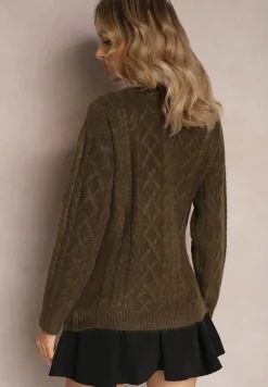 Ciemnozielony Zapinany Kardigan z Trójkątnym Dekoltem i Warkoczykowy Splot Juessa