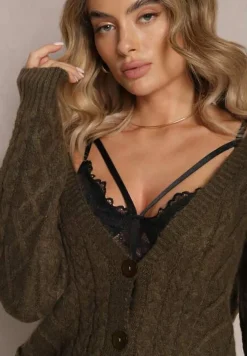 Ciemnozielony Zapinany Kardigan z Trójkątnym Dekoltem i Warkoczykowy Splot Juessa