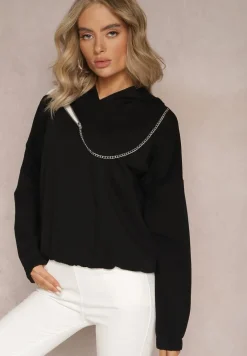 Czarna Asymetryczna Bluza z Bawełny z Kapturem i Ozdobnym Suwakiem Lueur