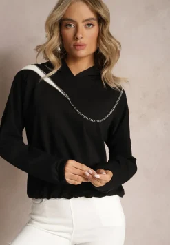 Czarna Asymetryczna Bluza z Bawełny z Kapturem i Ozdobnym Suwakiem Lueur