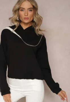 Czarna Asymetryczna Bluza z Bawełny z Kapturem i Ozdobnym Suwakiem Lueur