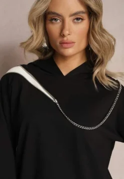 Czarna Asymetryczna Bluza z Bawełny z Kapturem i Ozdobnym Suwakiem Lueur