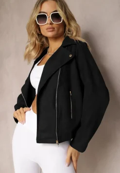 Czarna Asymetryczna Kurtka Ramoneska z Imitacji Zamszu Kmiya