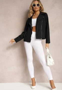 Czarna Asymetryczna Kurtka Ramoneska z Imitacji Zamszu Kmiya