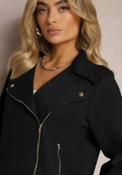 Czarna Asymetryczna Kurtka Ramoneska z Imitacji Zamszu Kmiya