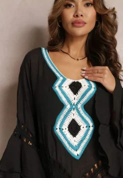 Czarna Asymetryczna Narzutka z Ażurowymi Wstawkami i Falbankami Hirisa