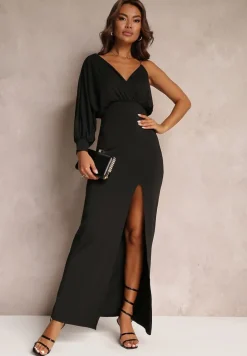 Czarna Asymetryczna Sukienka z Gumką w Pasie i Łańcuszkiem Przy Ramieniu Jisse